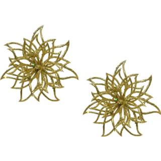 👉 Kerstster goud kunststof 2x stuks decoratie bloemen glitter op clip 14 cm