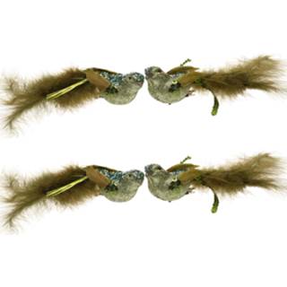 👉 Mosgroen groen kunststof 6x Kerstboomversiering vogel op clip glitter 14 cm