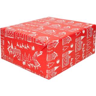 👉 Inpakpapier rood multi papier 2x rollen kerst inpakpapier/cadeaupapier met huisjes 200 x 70 cm