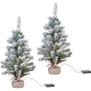 👉 Kerstboom groen kunststof 2x stuks kunstbomen/kunst kerstbomen met sneeuw en licht 90 cm