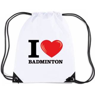 👉 Rugzak wit nylon I Love Badminton Met Rijgkoord - 8719538509276