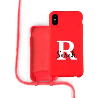 👉 Rood silicone X Xs Coverzs case met koord iPhone / (Rood) - Initial + Name