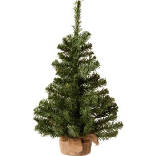 👉 Kerst boom groen One Size Set van 2x stuks kleine volle kerstbomen in jute zak 60 cm - Kunst / kunstbomen 8720276685047