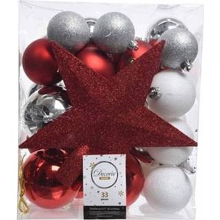 👉 Kerstbal rood wit kunststof 33x Rood/wit/zilveren Kerstballen Met Piek 5-6-8 Cm - 8719538923737