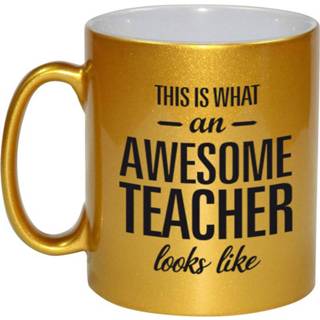 👉 Beker gouden Awesome Teacher Cadeau Mok / Voor Juf Meester 330 Ml - Feest Mokken 8720276261760