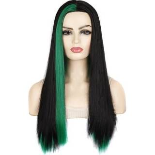👉 Pruik zwarte medium active Mode kapsel pony aan de zijkant Markeer kleur lange rechte (zwarte inktgroen)