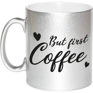 👉 Beker zilveren But First Coffee Cadeau Mok / Met Hartjes 330 Ml - Feest Mokken 8720276259545