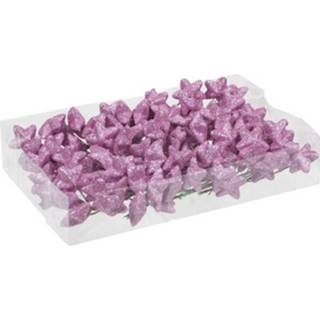 👉 Steker roze 18x Bundeltjes Van 8x Glitter Mini Sterretjes Stekers/instekers 4 Cm - Kerststukjes 8720147760255