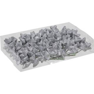 👉 Steker zilveren kunststof 18x Bundeltjes Van 8x Glitter Mini Sterretjes Stekers 4 Cm - Kerststukjes 8720147760170