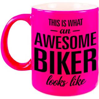 👉 Beker roze Awesome Biker Cadeau Mok / Neon 330 Ml - Feest Mokken 8720276656207