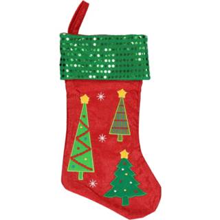 👉 Kerstsokken rood groene Rood/groene Met Kerstbomen Print 45 Cm - 8720276230704