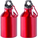 👉 Waterfles rood aluminium 2x Stuks waterfles/drinkfles met schroefdop en karabijnhaak 330 ml