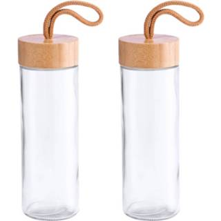 👉 2x Stuks Glazen Waterfles/drinkfles Transparant Met Bamboe Houten Dop Met Handvat 420 Ml - Drinkflessen