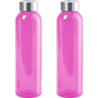 👉 Glazen waterfles magenta roze transparant RVS 2x Stuks Waterfles/drinkfles Fuchsia Met Dop 550 Ml - Drinkflessen 8720576530610