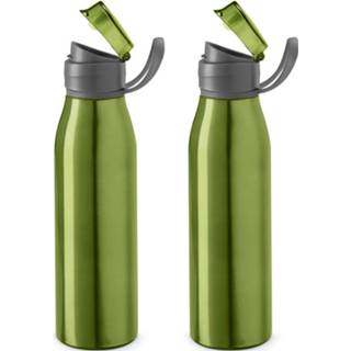 👉 Waterfles groen aluminium 2x Stuks Waterfles/drinkfles Met Klepdop En Handvat 650 Ml - Drinkflessen 8720576533666
