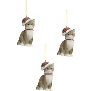 👉 Kerstmuts grijze grijs polyresin 2x stuks kersthangers katten met 9 cm kerstversiering
