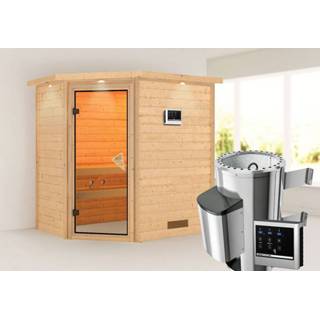 👉 Karibu | Sauna Cilja met Dakkraag Bronzeglas Biokachel 3,6 kW Externe Bediening 4010090599786