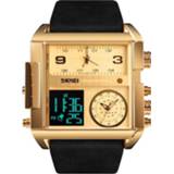 👉 Digitale horloge zwart goud active mannen SKMEI 1391 multifunctioneel heren zakelijk digitaal 30m waterdicht vierkant wijzerplaat polshorloge met lederen horlogeband (goud zwart)
