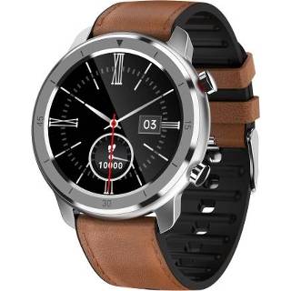 👉 Smartwatch zilver active M97 1,28 inch IPS-scherm IP67 waterdicht met lederen horlogeband, ondersteuning voor Bluetooth-oproep en muziek / gezondheid sportbewaking (zilver)