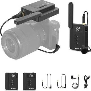 👉 Microfoonsysteem zwart active PULUZ tweekanaals draadloos met zender en ontvanger voor DSLR-camera's videocamera's (zwart)