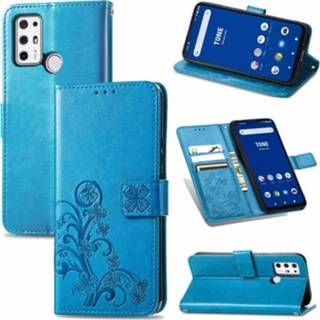 Mobiele telefoon blauw active Voor Tone E21 Vier-blad sluiting Reliëf Gesp Bescherming Lederen Case met Lanyard&Card Slot&Portemonnee&Beugel Functie (Blauw)