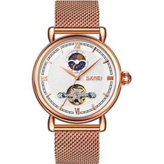 👉 Riem wit rose gouden active mannen Skmei 9220 heren mesh automatisch hol mechanisch horloge student (rose schaal gezicht)