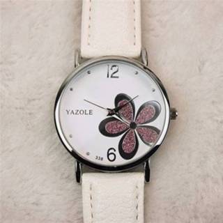 👉 Quartz horloge witte paarse active vrouwen YAZOLE dames OL stijl klavertje vier patroon (338 plaat bloemleucorroe)