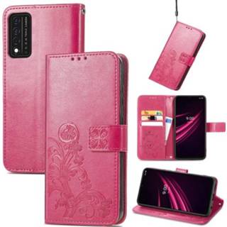 👉 Mobiele telefoon magenta active Voor T-Mobile REVVL V + 5G Vier-blad sluiting Reliëf Gesp Bescherming Lederen Case met Lanyard&Card Slot&Portemonnee&Beugel Functie (Magenta)