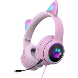 👉 Microfoon roze active AKZ-022 USB + 3,5 mm poort Cat Ear Design Opvouwbare LED-headset met (roze)