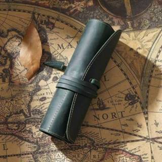 👉 Gordijn groen active Retro Eerste Laag Koeienhuid Pen Eenvoudige Literaire Etui Multifunctionele Volume (Crazy Horse Skin Inkt Groen)