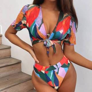 👉 Bikini rood l active vrouwen 3-in-1 vierkante print dames split badpak met korte top (kleur: maat: L)