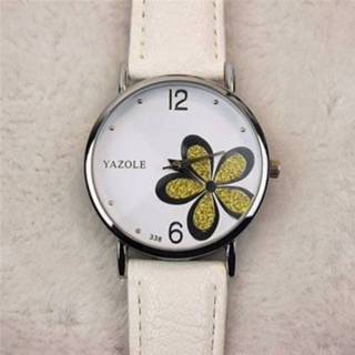 👉 Quartz horloge witte gouden active vrouwen YAZOLE dames OL stijl klavertje vier patroon (338 plaat bloemleucorroe)