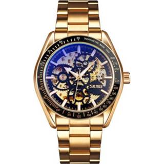 👉 Stalen band horloge zwarte gouden active mannen SKMEI 9194 heren automatisch skelet mechanisch (gouden wijzerplaat)