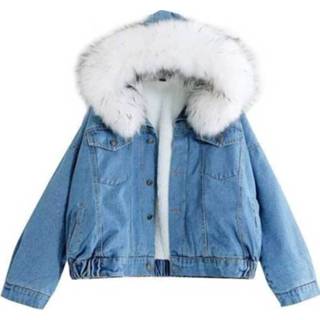 👉 Bontkraag wit fluwelen XXL active vrouwen Dikke Denim Jas Vrouwelijke Winter Grote Locomotief Lam Student Korte Jas, Maat: (Wit)