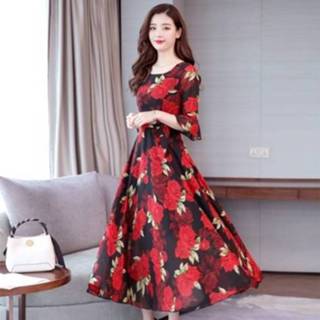 👉 Lange jurk rood l active vrouwen Dames bedrukte in grote maten (kleur: maat: L)