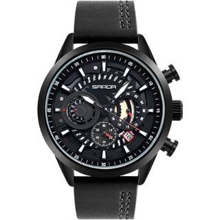 👉 Lederen band zwart active mannen SANDA 5010P Six-Pin Cool Big Dial Waterproof Three-Eye Herenhorloge Modetrend (Zwart)