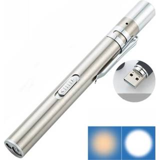 👉 Zaklamp geel wit RVS zilver active Leerling Pen Licht Dual Lichtbron Tandheelkundige LED Ochtend Inspectie (Zilver)