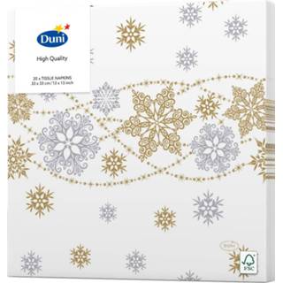 👉 Servet multi gouden papier 20x stuks diner/lunch servetten met sneeuwvlokken 33 x cm