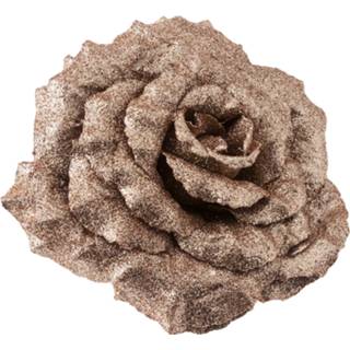 👉 Champagne metaal 1x stuks decoratie bloemen roos glitter op clip 18 cm