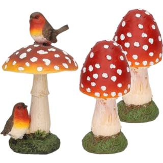 👉 Multi polyresin Decoratie paddenstoelen setje met 2x gewone paddenstoel en 1x vogeltjes