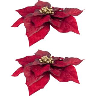 👉 Kerstster rood donkerrood kunststof 2x stuks decoratie bloemen op clip 18 cm