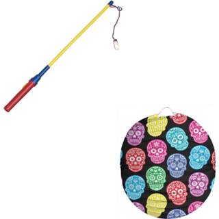 👉 Lampion Ronde 22 cm Day of the Dead sugarskulls inclusief lampionstokje