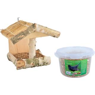 👉 Vogelhuisje beige hout Vogelhuisje/voederhuisje 25 cm inclusief 4-seizoenen mueslimix vogelvoer