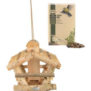 👉 Vogelhuisje beige hout Vogelhuisje/voedersilo 30 cm inclusief vogelvoer