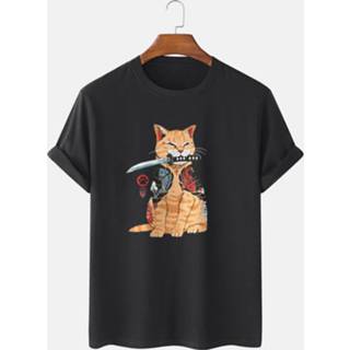 👉 Shirt cotton l male zwart Warrior Cat Graphic Japanese Style T-Shirts