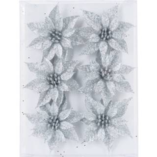👉 Zilver 6x stuks decoratie bloemen rozen glitter op clip 8 cm