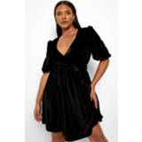 👉 Plus Fluwelen Wikkel Skater Jurk Met Pofmouwen, Black