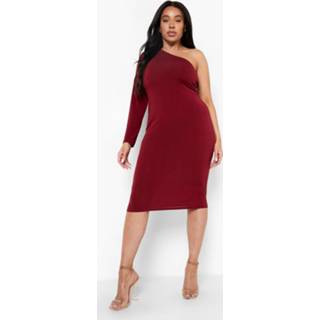 👉 Plus Jersey Midi Jurk Met Eén Blote Schouder, Berry
