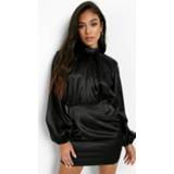 👉 Petite Satijnen Mini Jurk Met Hoge Hals En Pofmouwen, Black