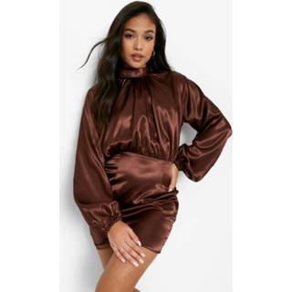 👉 Petite Satijnen Mini Jurk Met Hoge Hals En Pofmouwen, Chocolate